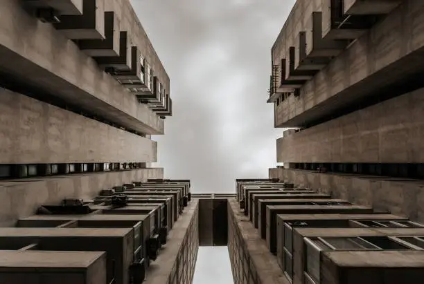 A low-angle of the brutalist multi-story concrete building in Split, Croatia