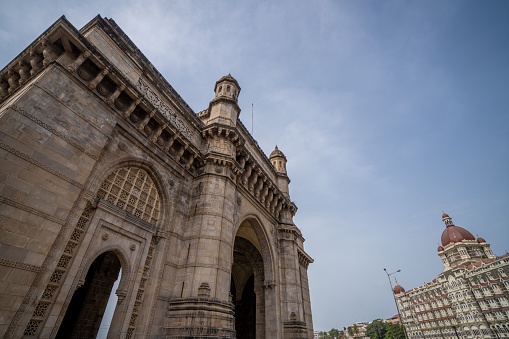A low-angle shot of the Gateway of India in Mumbai