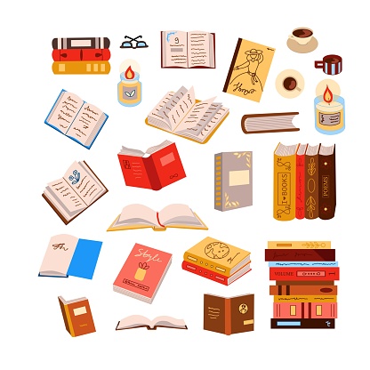 Big vector set of books in cartoon style. Collection of encyclopedia, magazine, poems, notes, glass, candles, cups of coffee and graphic objects for cozy reading. Textbook is for education and getting knowledge
