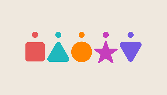 Diversity, people in form of different geometric shapes. Inclusion icon, abstract creative equal sign
