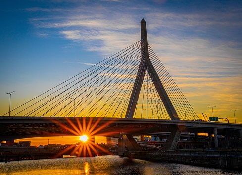 The Leonard P. Zakim Bunker Hill Memorial Bridge during sunset in Boston, Massachusetts, United States