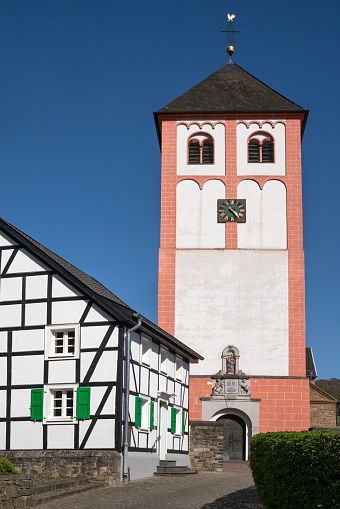 An outdoor view of the Center of village Odenthal with the old church in Bergisches Land, Germany