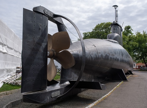 Horten, Norway – May 23, 2022: Marine museum in Horten. Vessel KNM Blink, submarine Utstein, a variety of cannons of different types and ages. Sunny spring day.
