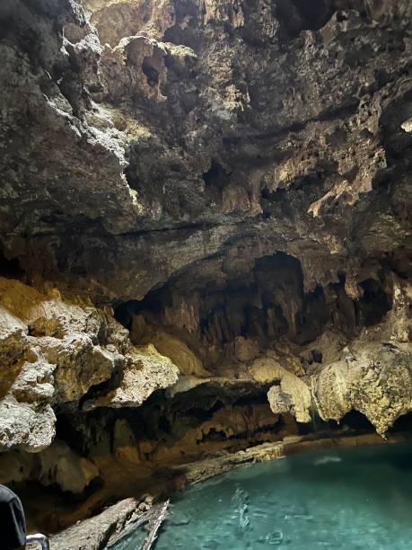 istock Vertical of a turquoise hot spring inside a rugged cave 1446839602