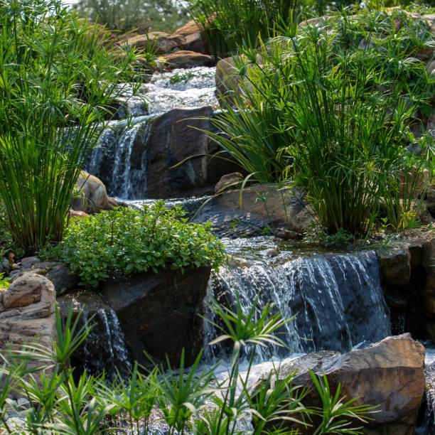 istock Scenic view of a cascade flowing down the rocks covered with green grass 1446839869