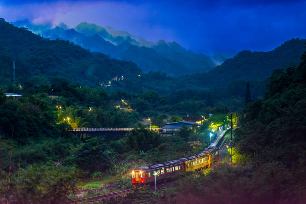 istock At night, a train with lights moves through the forest in the mountains. 1446840031