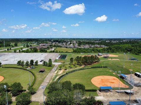 A beautiful elevated view looking down on a gorgeous softball field and modern complex with multi modern softball fields. Located in East Peoria, Illinois.