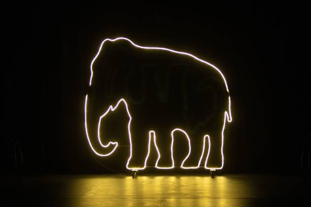 istock Neon light sign outline of an elephant with a dark background 1446840895