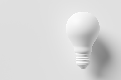 White light bulb on white background. 3D rendering. Creative thinking, idea, innovation and inspiration concept. 3D rendering.