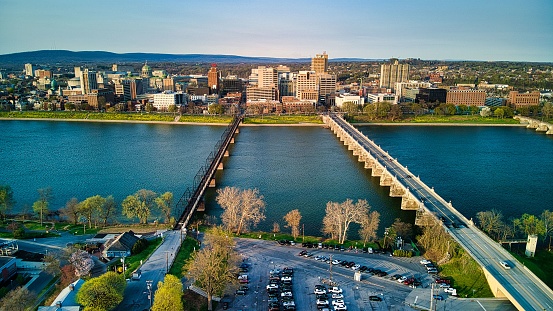 The Harrisburg, Pennsylvania skyline with the historic Market Street Bridge on the Susquehanna River