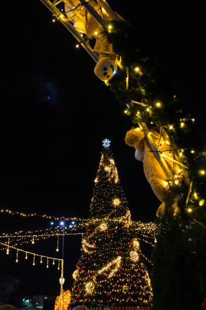 istock Illuminated christmas tree at night outside, christmas decoration 1446843318