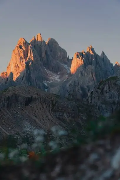 A vertical shot of the Cadini di Misurina mountains in the Italian dolomites