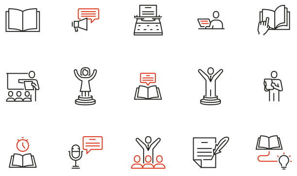 stockillustraties, clipart, cartoons en iconen met vector set of linear icons related to storytelling, motivation story and persuasiveness. mono line pictograms and infographics design elements - boegbeeld model