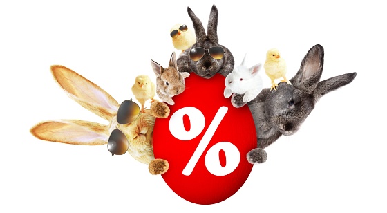 The Easter sales concept with 3d rendering of bunnies and chicken on red egg with Percent sign