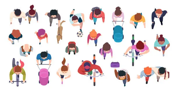 Vector illustration of Walking characters. Top view persons walking in different action poses exact vector illustrations