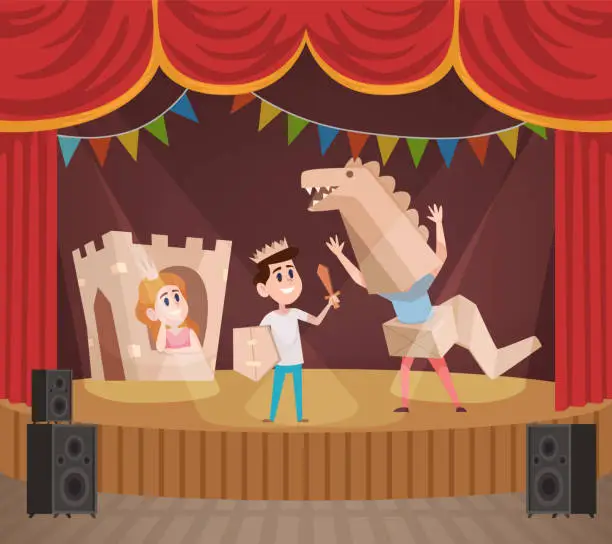 Vector illustration of Kids performance. children show fairy tale stories on stage kids in cardboard costume. vector