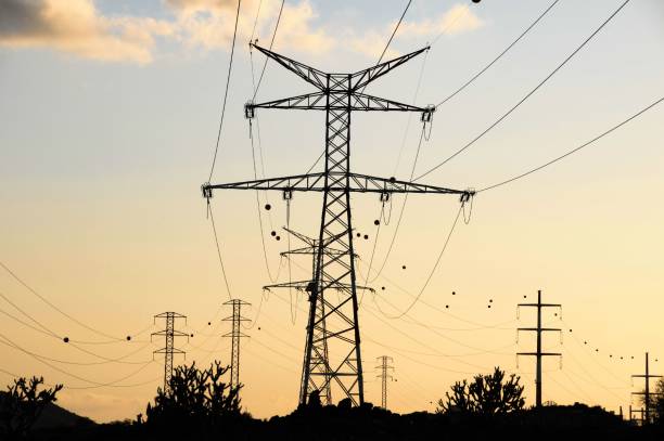 istock Transmission towers in the field with a soft sunset 1446845805