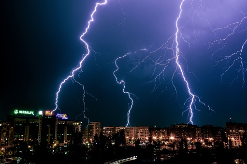 Bucharest, Romania – April 05, 2018: a long exposure low light lightning storm bad weather in Unirii Boulevard