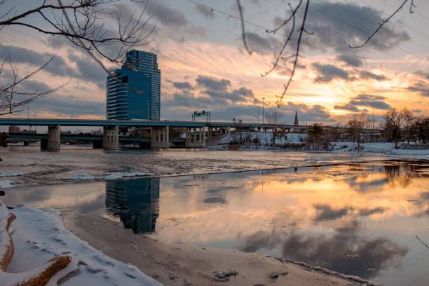 istock Landscape shot of a modern building over a bridge under a dramatic cloudscape during winter 1446847801
