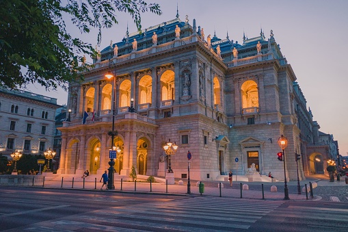 Budapes, Hungary – June 28, 2022: The Hungarian State Opera House in Budapest in the summer evening.