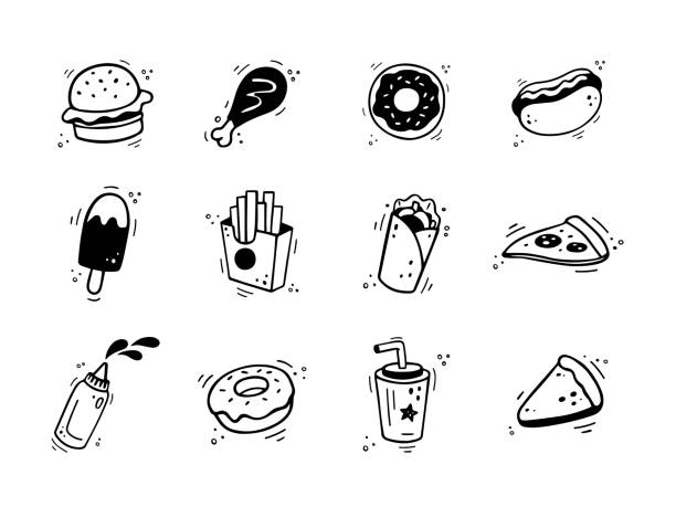 ilustrações de stock, clip art, desenhos animados e ícones de hand drawn fast food icons. sketch of snack elements. fast food collection. fast food illustration in doodle style. - sandwich sketch cartoon line art