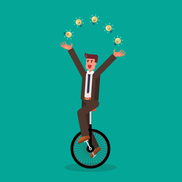 illustrazioni stock, clip art, cartoni animati e icone di tendenza di uomo d'affari che si destreggia tra la lampadina sul monociclo - unicycle cycling balance businessman