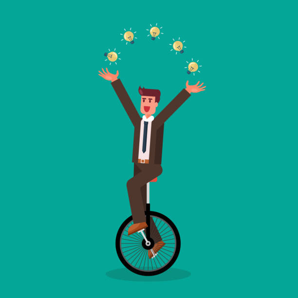 외발 자전거에 전구를 저글링하는 사업가 - unicycle cycling balance businessman stock illustrations