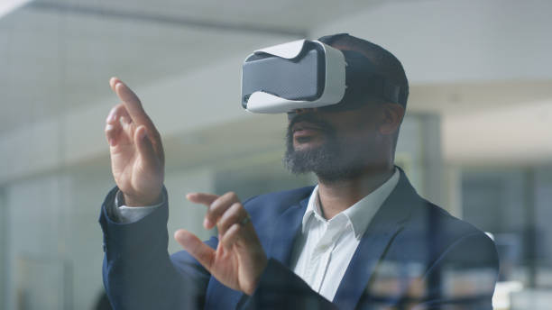 istock Businessman, vr and futuristic tech with metaverse and augmented reality in company with technology innovation, digital transformation and cyber software. Virtual reality glasses, digital and tech. 1446851236