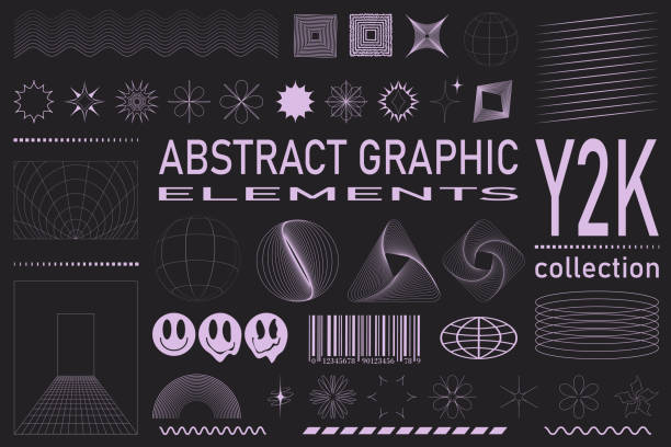 ilustrações, clipart, desenhos animados e ícones de elementos futuristas retro para design. coleção de símbolos e objetos geométricos gráficos abstratos no estilo y2k. - techno