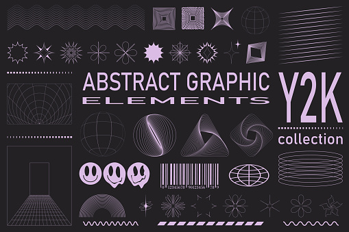 Retro futuristic elements for design. Collection of abstract graphic geometric symbols and objects in y2k style. Templates for notes, posters, banners, stickers, business cards, logo.