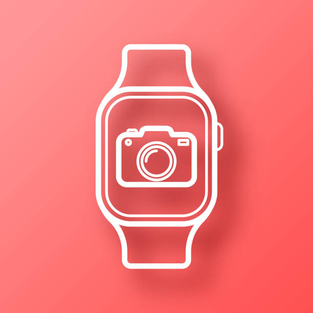 ilustrações de stock, clip art, desenhos animados e ícones de smartwatch with camera. icon on red background with shadow - conference call flash