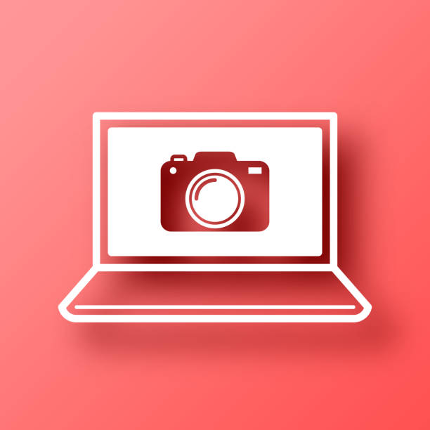 ilustrações de stock, clip art, desenhos animados e ícones de laptop with camera. icon on red background with shadow - conference call flash