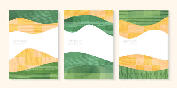 Abstract farm agriculture template. Green field pattern, eco background, nature landscape vector illustration with texture. Farmland collage for leaflet, identity, booklet. Ecology backdrop, card Abstract farm agriculture template. Green field pattern, eco background, nature landscape vector illustration with texture. Farmland collage for leaflet, identity, booklet. Ecology backdrop background place stock illustrations