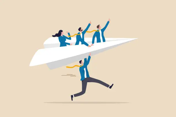 Vector illustration of Mentor or support employee to success, manager to help or advice staff to reach goal, work coaching or adviser expert concept, businessman manager launching paper plane origami with team colleagues.