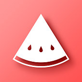 istock Slice of watermelon. Icon on Red background with shadow 1446861632