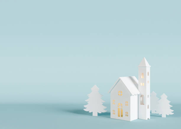 istock Beautiful blue Christmas background. Trendy Xmas backdrop, mock up. Modern design. Empty space for text, advertising. Copy space. Template for greeting, invitation card. House, fir trees. 3d render. 1446862173