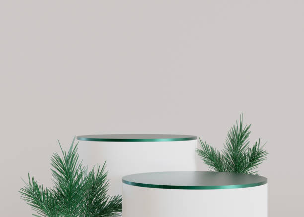 istock Two podiums with Christmas decoration on beige background. Xmas composition. Elegant scene for product, cosmetic presentation. Mock up. Stage for beauty products. Copy space. 3D rendering. 1446862185