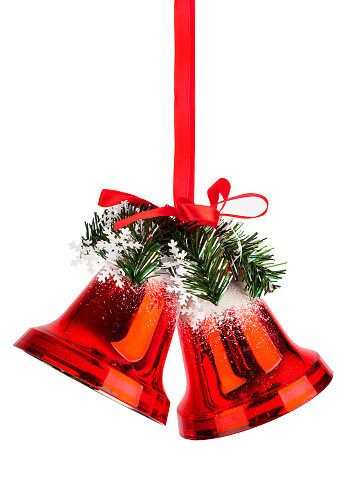 Close-up of Christmas Wreath with red Christmas ornament on white background.