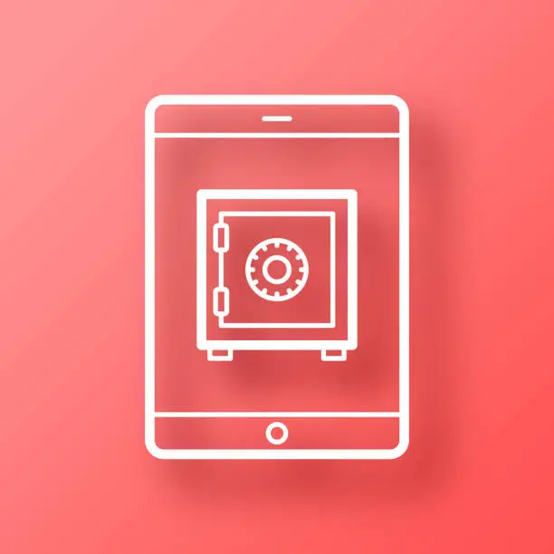 Vector illustration of Tablet PC with safe box. Icon on Red background with shadow