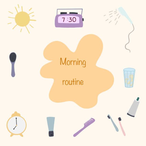 ilustrações, clipart, desenhos animados e ícones de conjunto brilhante desenhado à mão de objetos de rotina matinal - makeover series