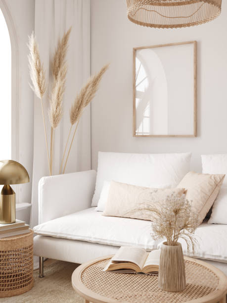 Mockup frame in interior background, room in light pastel colors, Scandi-Boho style