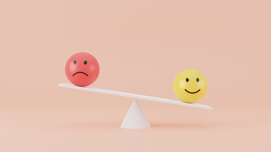 Happy face emotion icon outweigh more than sad face emotion icon on balance scales with orange background. 3d Render