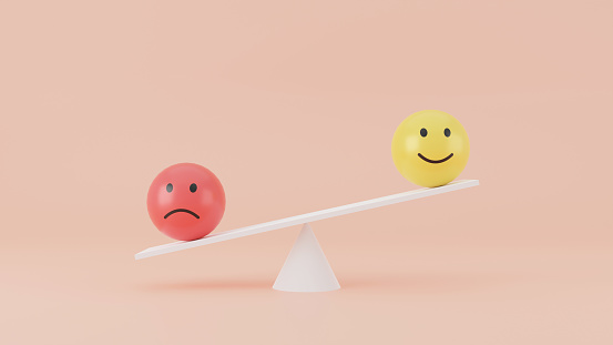 Sad face emotion icon outweigh more than happy face emotion icon on balance scales with orange background. 3d Render