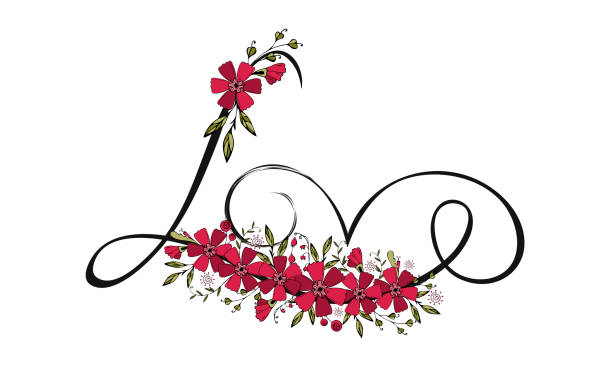love lettering with flowers viva magenta color 2023 doodle ornament, brush inscription. - viva magenta 幅插畫檔、美工圖案、卡通及圖標