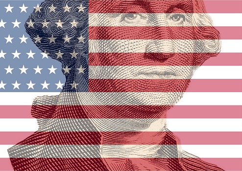 Double exposure of portrait first U.S. president George Washington with USA flag