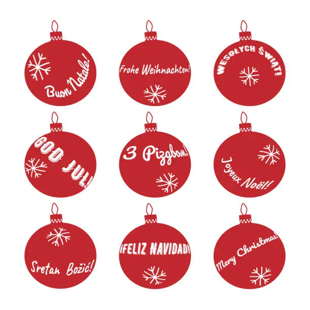 Vector illustration of Different european language Merry Christmas bauble set in vector format.