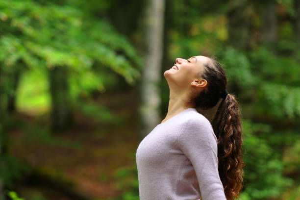 istock Happy woman in a forest breathing fresh air 1446868294