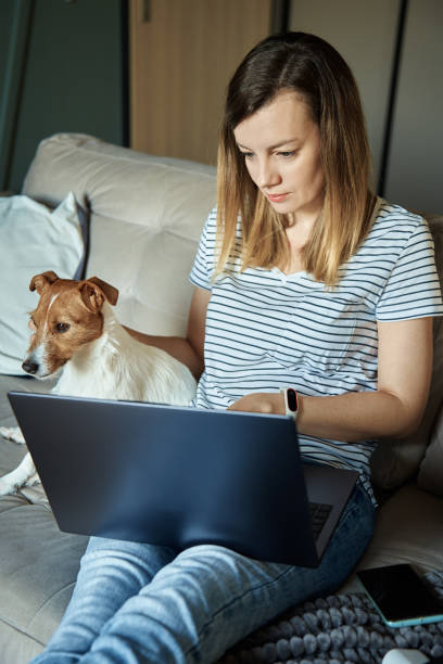 istock Woman working from home with pet dog, using laptop 1446870871