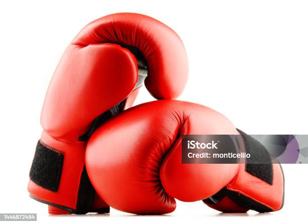 Pair Of Red Leather Boxing Gloves Isolated On White Stock Photo - Download Image Now