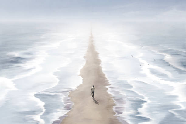 ilustrações, clipart, desenhos animados e ícones de ilustração do homem andando na praia entre dois mares azuis, conceito de caminho abstrato surreal - esperança